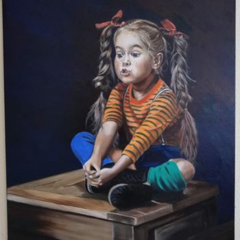 Schilderij getiteld "Pratend meisje" door Alexis Van Gelder, Origineel Kunstwerk, Olie