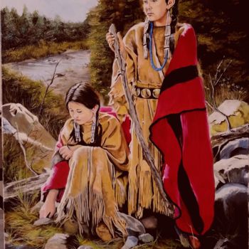 Schilderij getiteld "Indianen meisjes" door Alexis Van Gelder, Origineel Kunstwerk, Olie
