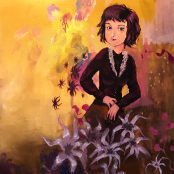 Pintura intitulada "Jeune Femme aux fle…" por Alex Saman, Obras de arte originais, Acrílico