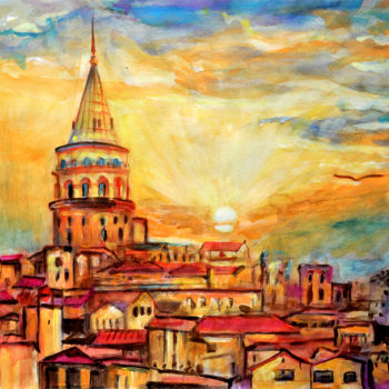 Painting titled "Sunset over Galata…" by Alex Solodov, Original Artwork, Watercolor