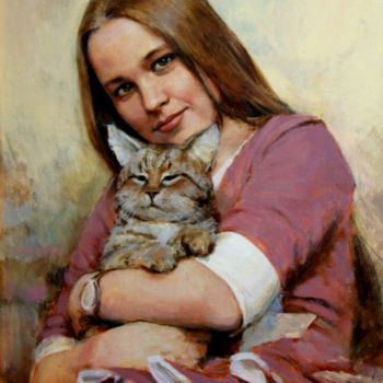 Картина под названием "Портрет девушки с к…" - Alex Tochin, Подлинное произведение искусства, Масло