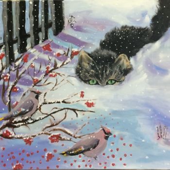 Картина под названием "Зимний кот" - Альфия Ишкаева, Подлинное произведение искусства