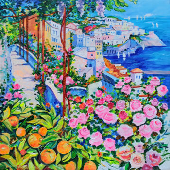 Painting titled "Flowery walkway in…" by Alfredo Grimaldi, Original Artwork, Oil Mounted on Wood Stretcher frame