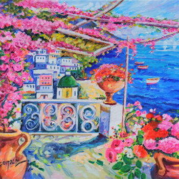Painting titled "Terrace with bougan…" by Alfredo Grimaldi, Original Artwork, Oil Mounted on Wood Stretcher frame