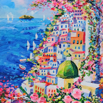 Schilderij getiteld "Flowery sea town -…" door Alfredo Grimaldi, Origineel Kunstwerk, Olie Gemonteerd op Frame voor houten b…
