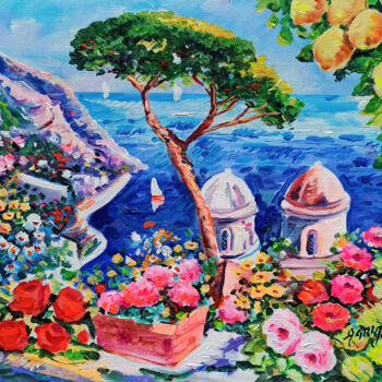 Painting titled "Seaside with flower…" by Alfredo Grimaldi, Original Artwork, Oil Mounted on Wood Stretcher frame