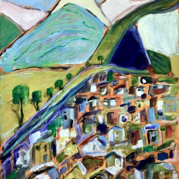 Painting titled "Town on a Hill" by Alfredo Machado Zingg, Original Artwork, Acrylic Mounted on Wood Stretcher frame
