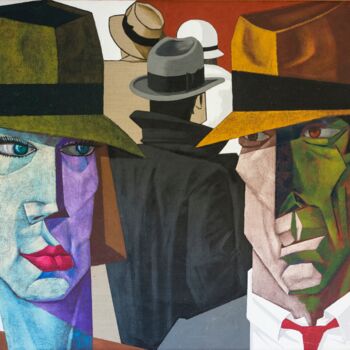 「Rostros con Sombrer…」というタイトルの絵画 Alfredo Montañaによって, オリジナルのアートワーク, オイル ウッドストレッチャーフレームにマウント