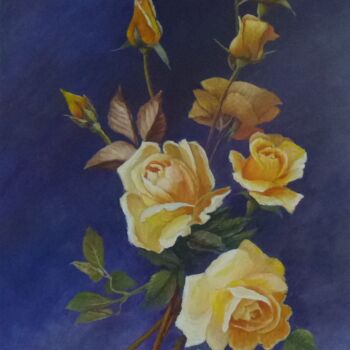 Schilderij getiteld "Roses jaunes sur fo…" door Alice Capelli, Origineel Kunstwerk, Olie
