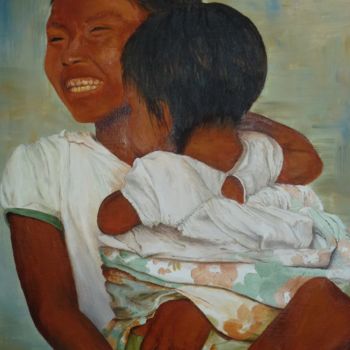 Peinture intitulée "Jeune fille et l'en…" par Alice Capelli, Œuvre d'art originale, Huile