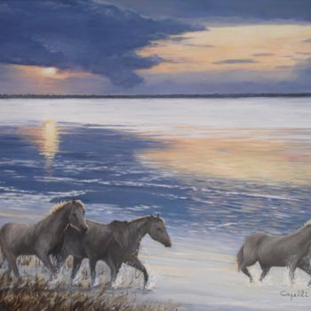 Painting titled "Chevaux au coucher…" by Alice Capelli, Original Artwork, Oil