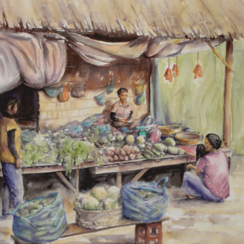 Peinture intitulée "Marché au Cambodge" par Alice Quillévéré, Œuvre d'art originale, Aquarelle