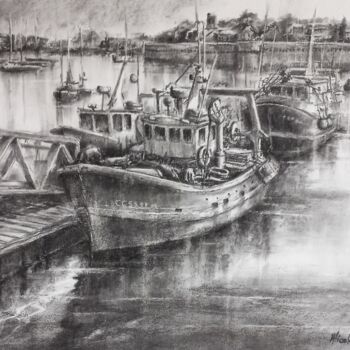 Dibujo titulada "Concarneau, port de…" por Alice Quillévéré, Obra de arte original, Carbón