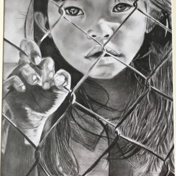 Painting titled "Asian girl" by Hakan Oğuz, Original Artwork, Charcoal