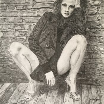 Painting titled "Julia Roberts" by Hakan Oğuz, Original Artwork, Charcoal