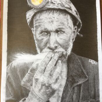 Painting titled "Miner" by Hakan Oğuz, Original Artwork, Charcoal