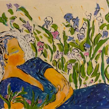 Pittura intitolato "la dormeuse au jard…" da Alicia Lufiego, Opera d'arte originale, Acrilico Montato su Telaio per barella…
