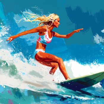 Digitale Kunst getiteld "Blonde surfer at sea" door Alina Chalaya, Origineel Kunstwerk, AI gegenereerde afbeelding