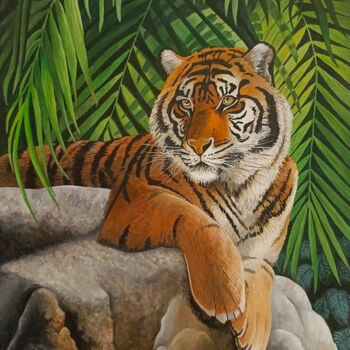 Painting titled "Тигр в лесу" by Alina Garifullina, Original Artwork, Gouache