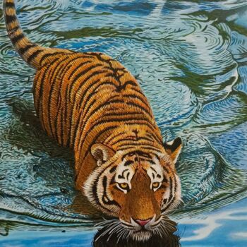 Painting titled "Тигр в воде" by Alina Garifullina, Original Artwork, Acrylic