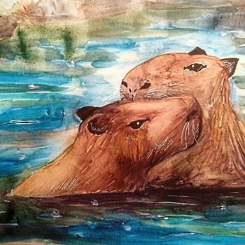 Peinture intitulée "Capybaras" par Alina Gelman, Œuvre d'art originale, Aquarelle