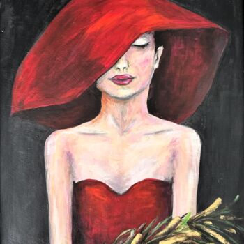 Painting titled "Woman with red hat" by Alina Lidia Tanase, Original Artwork, Acrylic