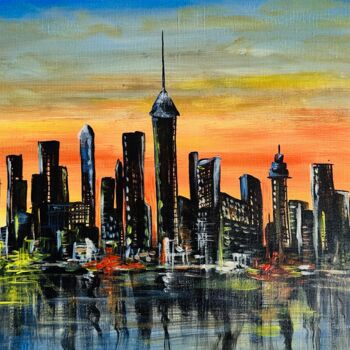Painting titled "Sunset in town" by Alina Lidia Tanase, Original Artwork, Acrylic Mounted on Wood Stretcher frame