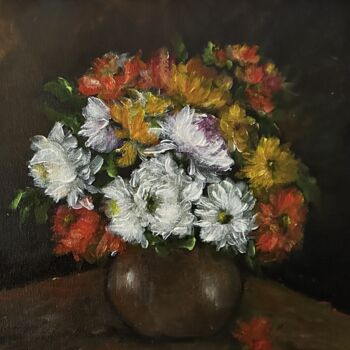 Painting titled "Chrysanthemum" by Alina Lidia Tanase, Original Artwork, Oil Mounted on Wood Stretcher frame