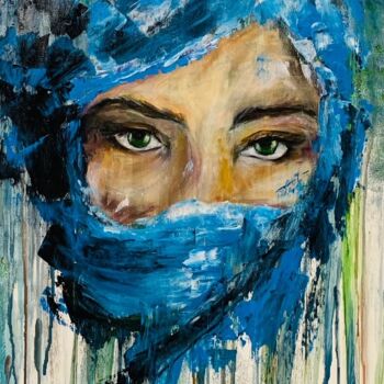 Painting titled "Woman with blue vail" by Alina Lidia Tanase, Original Artwork, Acrylic Mounted on Other rigid panel