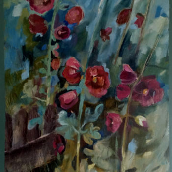 Painting titled "Mallow in the garden" by Alina Matykiewicz, Original Artwork, Oil Mounted on Other rigid panel
