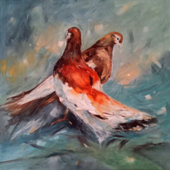 Painting titled "Pigeons" by Alina Matykiewicz, Original Artwork, Oil Mounted on Other rigid panel