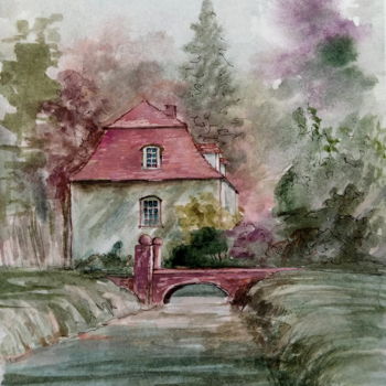 Painting titled "House by the bridge" by Alina Matykiewicz, Original Artwork, Watercolor