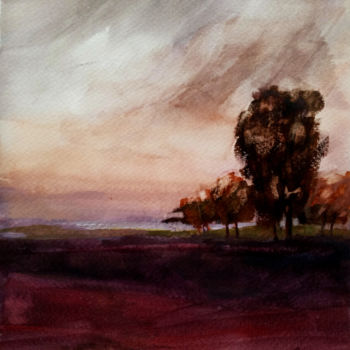 Malarstwo zatytułowany „Sunset over the mea…” autorstwa Alina Matykiewicz, Oryginalna praca, Akwarela