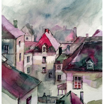 Schilderij getiteld "Pink roofs in the r…" door Alina Matykiewicz, Origineel Kunstwerk, Aquarel