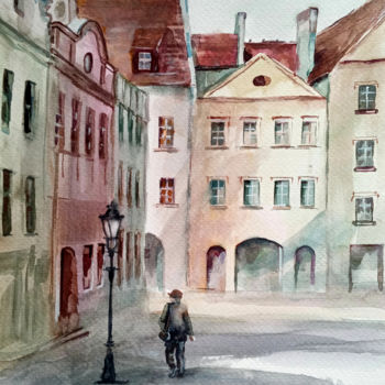 Painting titled "In the street" by Alina Matykiewicz, Original Artwork, Watercolor