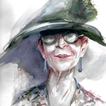 Pintura intitulada "Green hat" por Alina Matykiewicz, Obras de arte originais, Aquarela