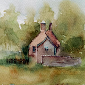 Painting titled "house by the meadow" by Alina Matykiewicz, Original Artwork, Watercolor