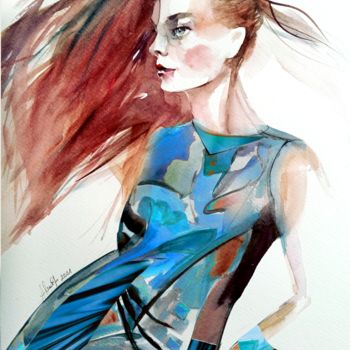 Цифровое искусство под названием "Wind in hair" - Alina Matykiewicz, Подлинное произведение искусства, Акварель