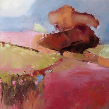 Painting titled "Pink yellow meadow" by Alina Matykiewicz, Original Artwork, Oil Mounted on Wood Panel