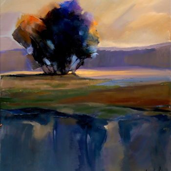 Painting titled "Evening landscape" by Alina Matykiewicz, Original Artwork, Oil Mounted on Wood Panel