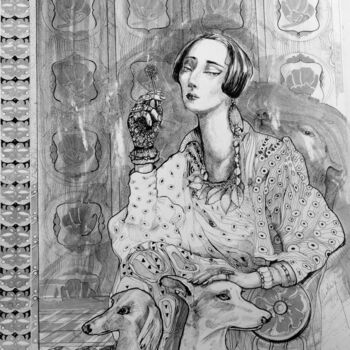 Dessin intitulée "Lady with dogs" par Alina Matykiewicz, Œuvre d'art originale, Marqueur