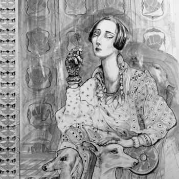 Drawing titled "Lady with dogs" by Alina Matykiewicz, Original Artwork, Marker