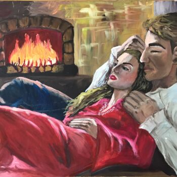 Painting titled "Fireplace warmth" by Alina Morozova, Original Artwork, Oil