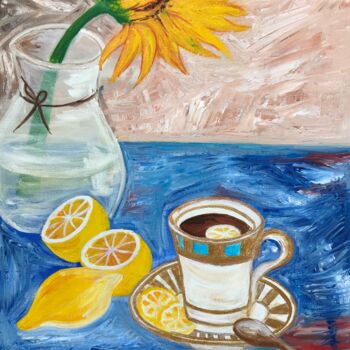 Painting titled "Lemons with tea" by Alina Morozova, Original Artwork, Oil