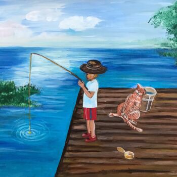 Pittura intitolato "The boy is fishing,…" da Alina Morozova, Opera d'arte originale, Olio