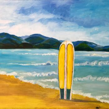 Schilderij getiteld "Surfboard on the be…" door Alina Morozova, Origineel Kunstwerk, Olie