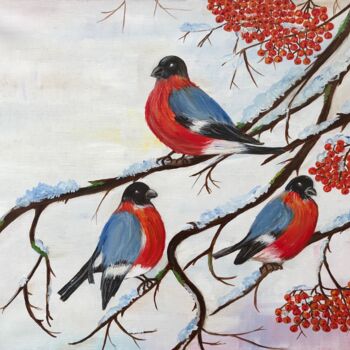Painting titled "Robins on the mount…" by Alina Morozova, Original Artwork, Oil