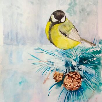Painting titled "Tit on a branch" by Alina Naumova, Original Artwork, Watercolor