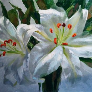 Painting titled "White lilies." by Alina Yakhyaeva, Original Artwork, Oil