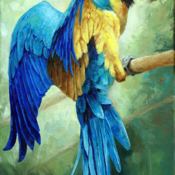Картина под названием "Ara bleu et jaune a…" - Aline Kirrmann, Подлинное произведение искусства, Масло Установлен на Деревян…